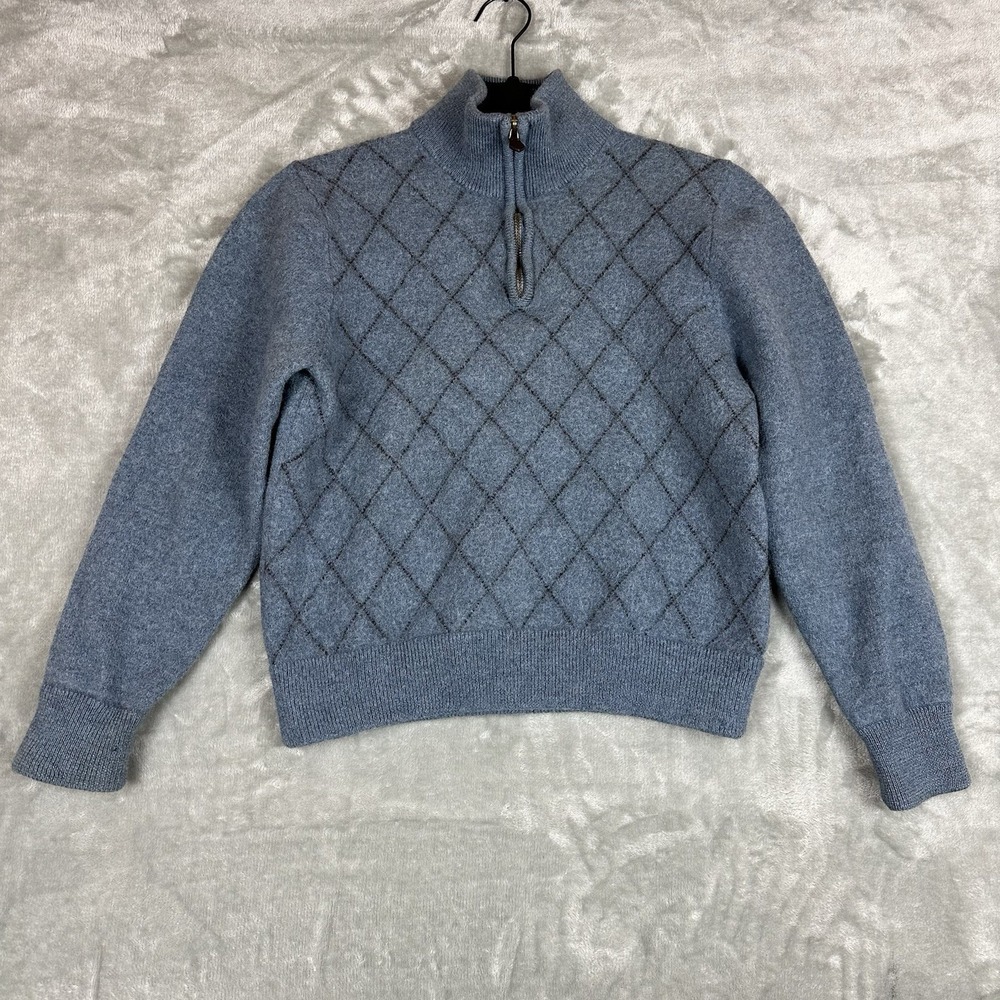 Brooks Brothers 346 Quarter Zip Sweater Boys L Light Blue Argyle Merino Wool